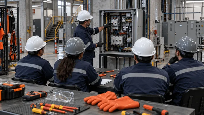 Turma de trabalhadores uniformizados assistindo a treinamento diante de um painel elétrico didático, com luvas dielétricas sobre a bancada