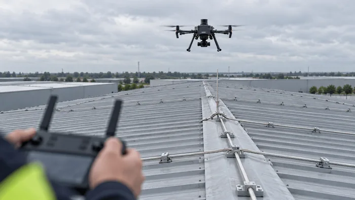 Drone sobrevoando a cobertura metálica de um galpão, com o condutor de captação visível sobre as telhas