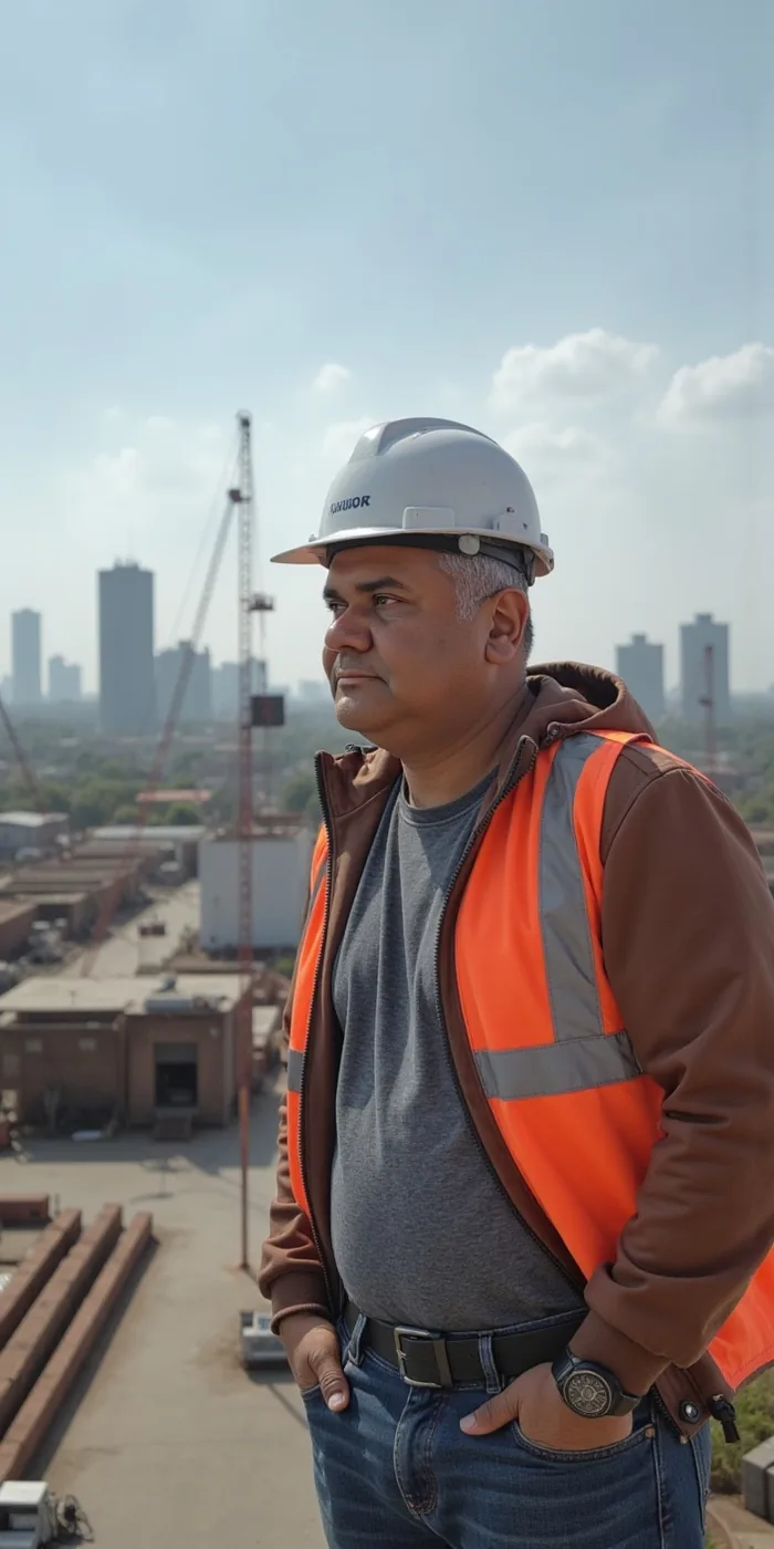 Engenheiro da Presto Engenharia com capacete e colete de segurança, observando uma obra a partir da laje de uma edificação