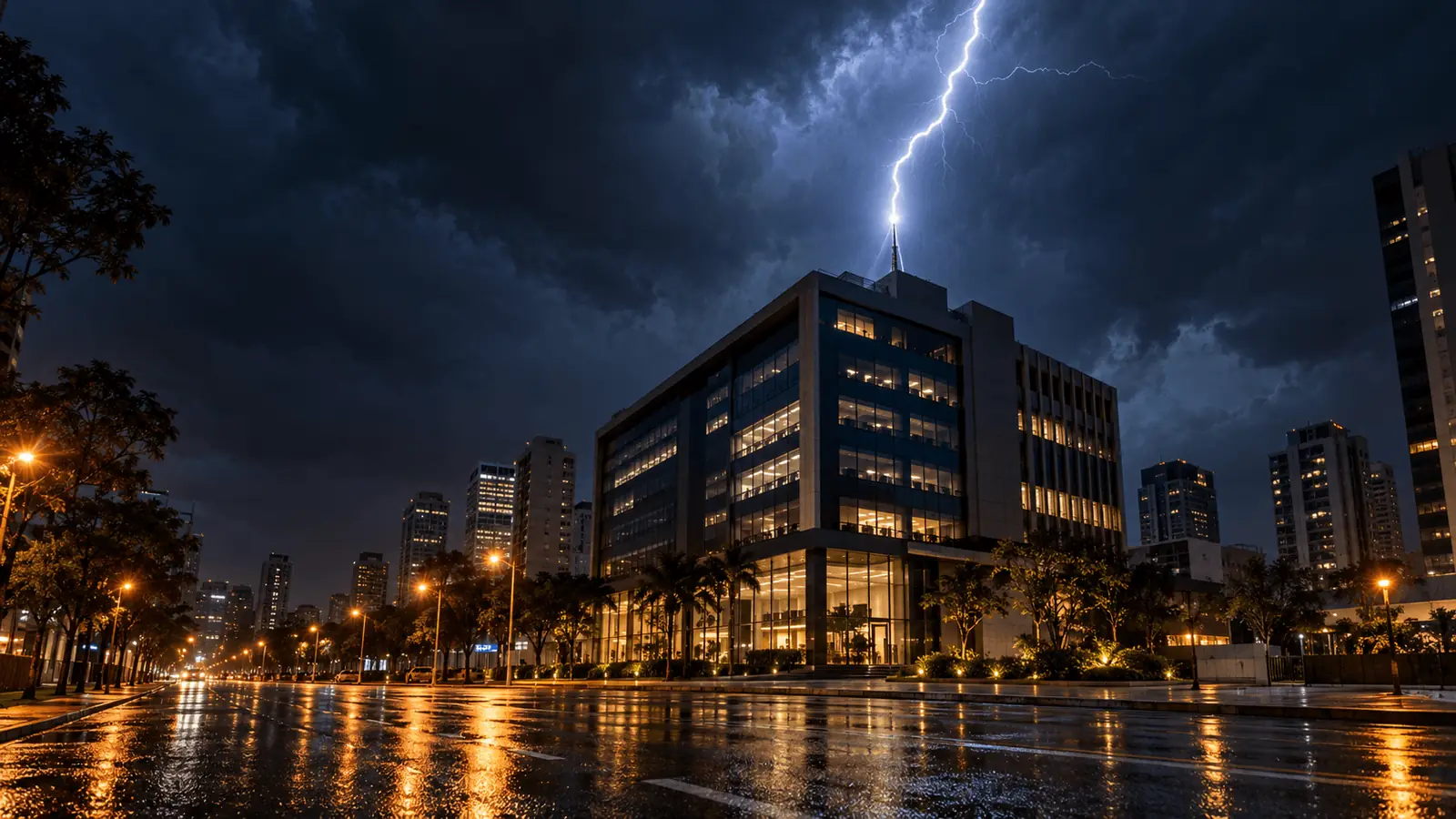 Descarga atmosférica atingindo a antena de um edifício comercial à noite, em avenida urbana com o asfalto molhado refletindo as luzes da cidade