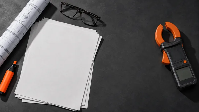 Mesa de trabalho vista de cima com documentos técnicos, planta enrolada, óculos e um alicate terrômetro laranja