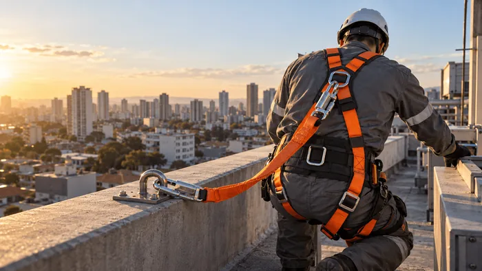 Trabalhador com cinto de segurança tipo paraquedista ancorado no parapeito de uma cobertura, com a cidade ao fundo no fim da tarde