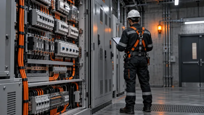 Técnico de costas com prancheta inspecionando um quadro de distribuição elétrica aberto, com disjuntores e cabeamento organizado