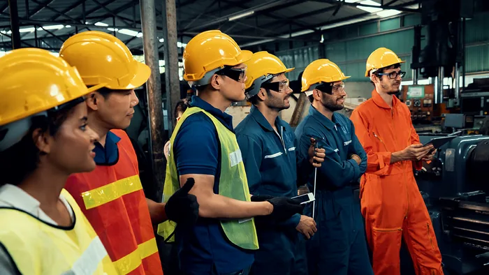Grupo de trabalhadores com capacetes e coletes reunidos em treinamento dentro de uma planta industrial